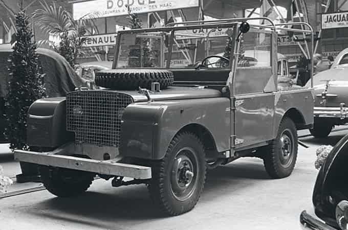 Land Rover Series I black and white photo.